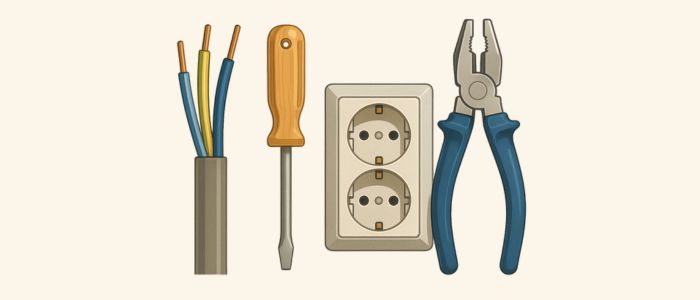 Illustration d’outils électriques, fils, tournevis, pince et prise murale pour installation ou dépannage.