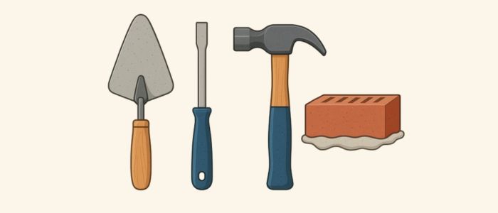Illustration d’outils de maçonnerie, truelle, marteau, burin et brique sur fond clair.