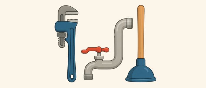 Illustration d’outils de plomberie, clé à molette, robinet et ventouse sur fond beige.