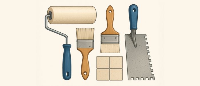 Illustration d’outils de revêtement, rouleau, pinceaux et truelle pour travaux de peinture et carrelage.